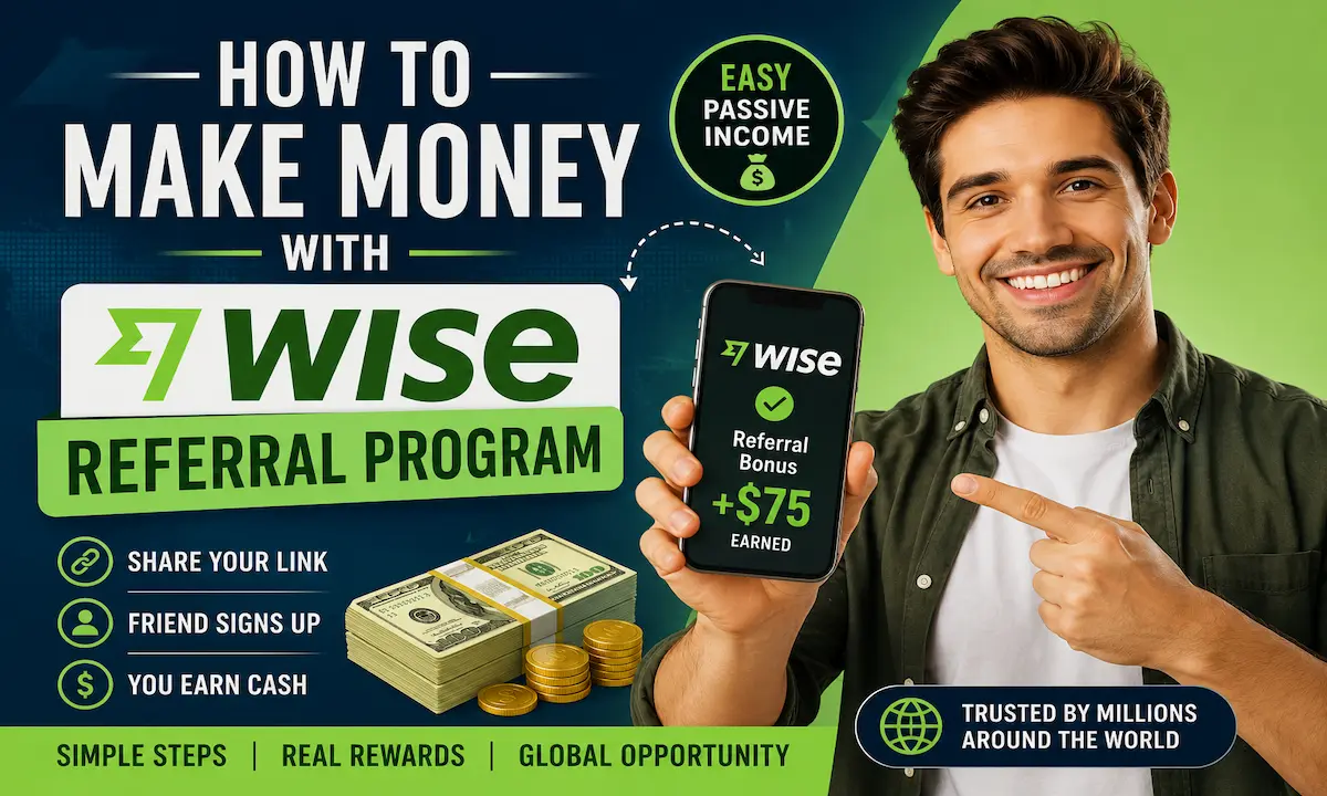 **Alt Text:** Featured image for “How To Make Money With Wise Referral Program” showing a smiling man holding a smartphone with Wise referral bonus earnings, cash stacks, gold coins, and bold green and white text promoting passive income and online referral rewards.
