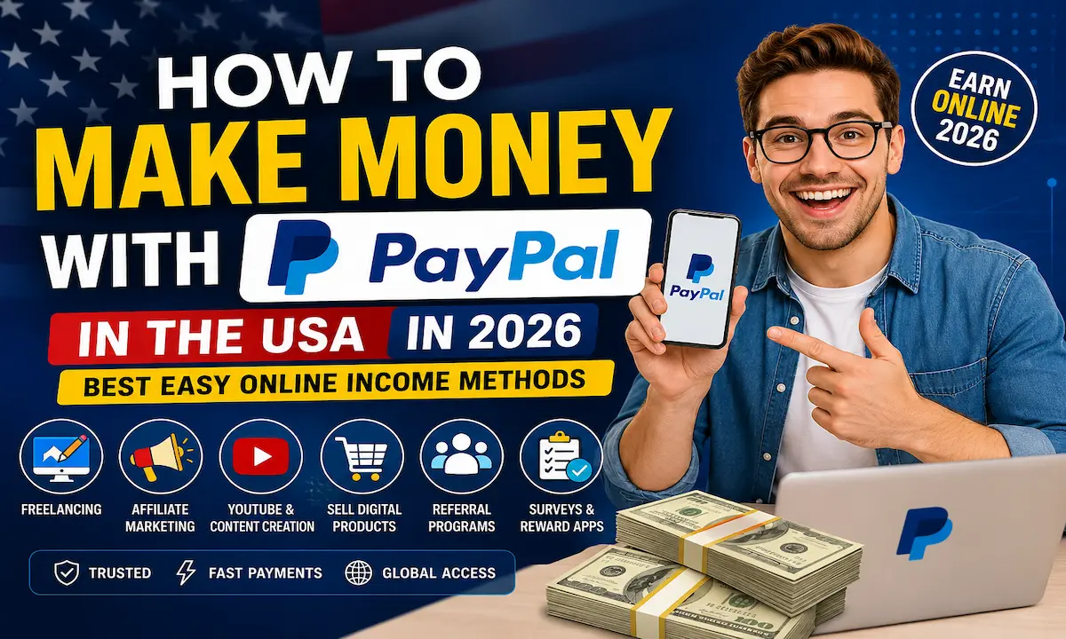 Smiling young man holding a smartphone with the PayPal logo beside stacks of cash and a laptop, with bold text reading “How To Make Money With PayPal in the USA in 2026 – Best Easy Online Income Methods.” The background features U.S. flag elements, online income icons, and digital business graphics representing freelancing, affiliate marketing, YouTube, digital products, referral programs, and survey apps.